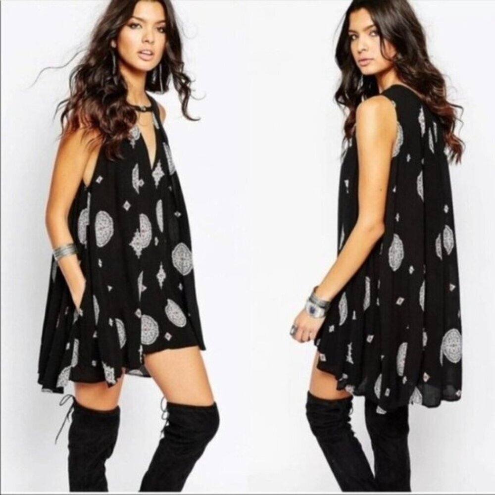 Free People Retro Medallion Tree Swing Tunic Dress Black Small